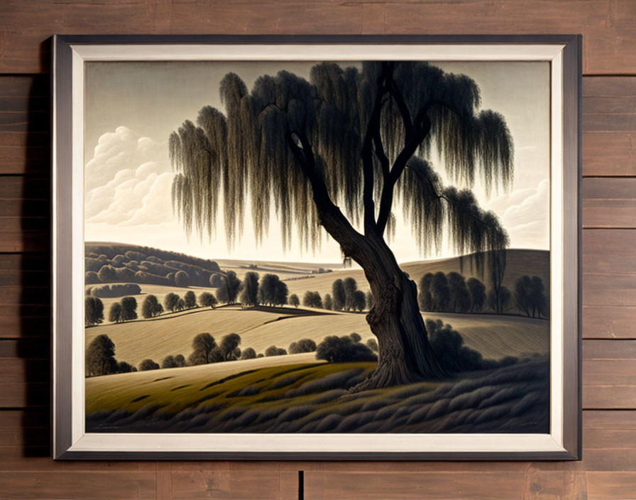 Landscape painting of weeping willow tree on wooden wall