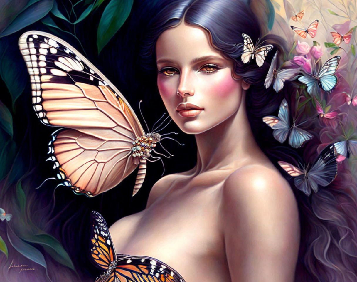 Vibrant fantasy painting of woman with butterflies