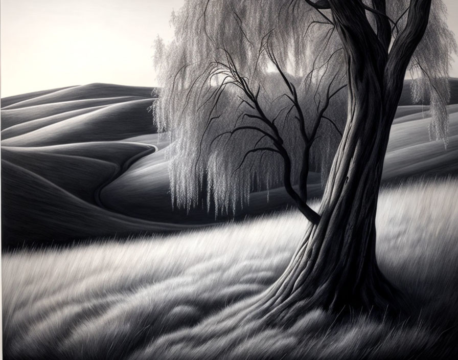 Monochromatic landscape: rolling hills with weeping willow tree.