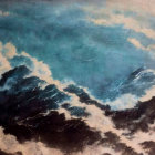 Impressionistic painting: Dark blue sea waves, white foam, stormy sky