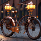Stylized ornate bicycle with glowing lanterns on cobblestone street at dusk