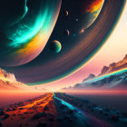 Colorful sci-fi landscape with river, rocky terrain, and celestial sky