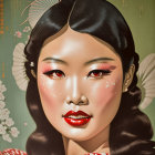 Digital Artwork: Woman with Stylized Features and Vintage Asian Aesthetic