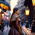Pensive woman in brown coat by lit street lamp at twilight