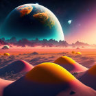 Surreal landscape with orange sand dunes, sparse trees, vivid sunset, and imposing planet