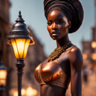 Digital artwork: Woman in headwrap and metallic top on warm-toned street