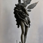 Weathered statue of draped figure holding leaves on floral pedestal