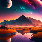Majestic mountains under colorful sky with moon and planets reflected in serene water