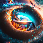 Eye with cosmic galaxy effect: Space imagery on human anatomy