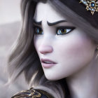 Detailed close-up of 3D-animated female character with large eyes and elaborate makeup.