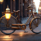 Vintage Bicycle with Large Front Lantern on Cobblestone Street at Twilight
