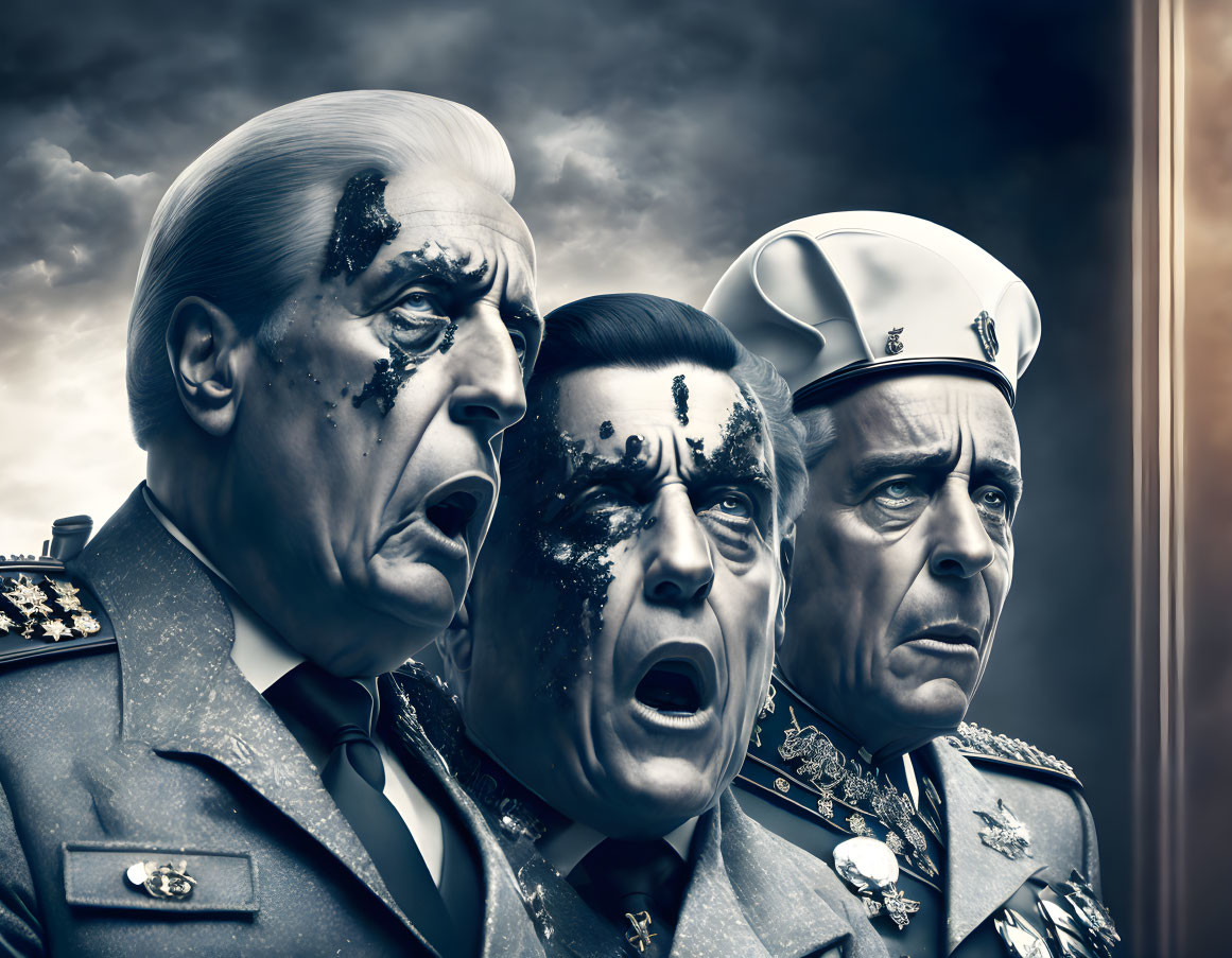 Distressed older military men in melting faces against dramatic sky