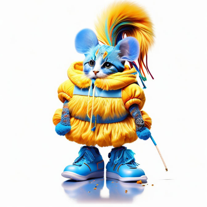 Vibrant blue anthropomorphic mouse in yellow jacket and sneakers