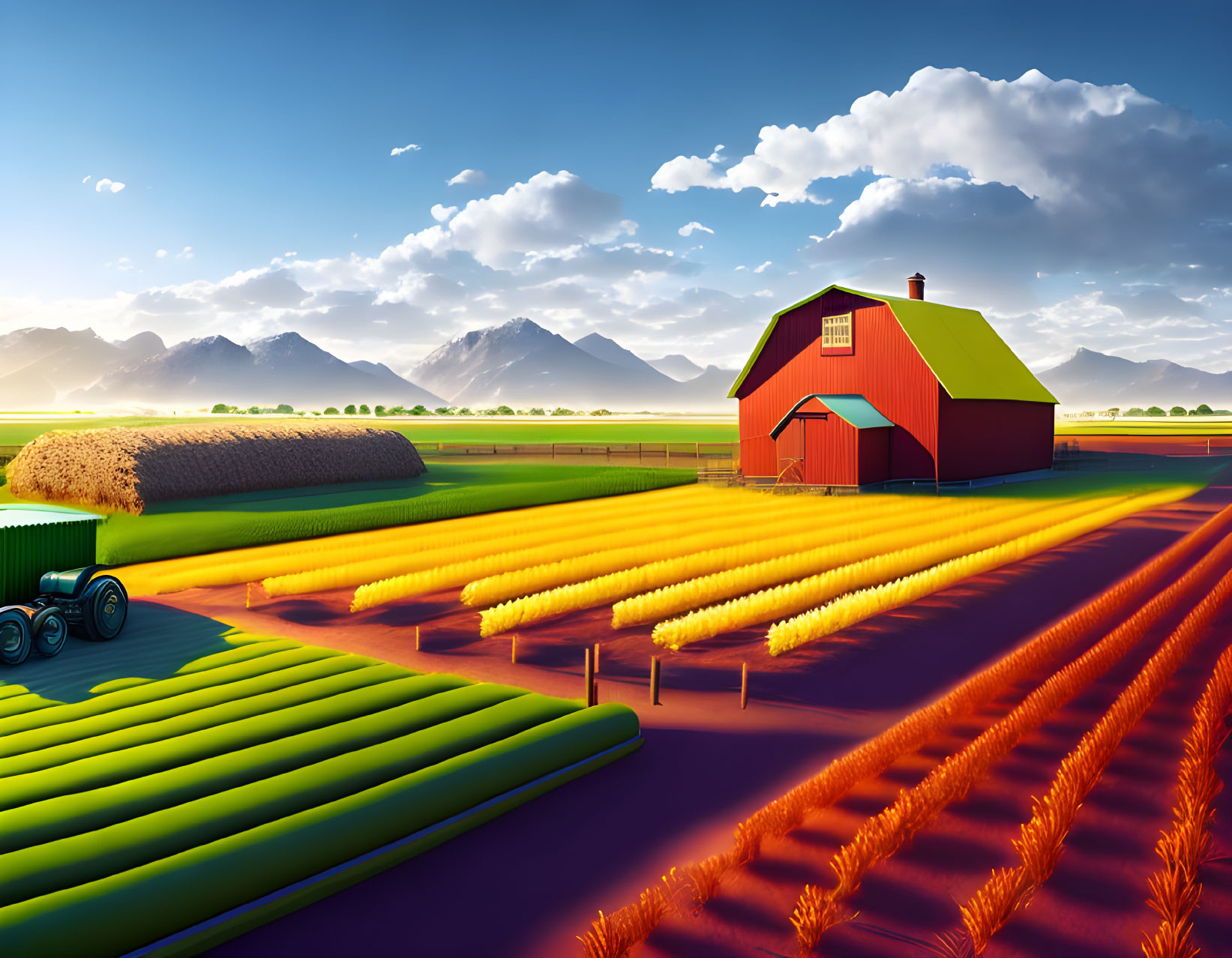 Colorful Farm Scene with Red Barn, Haystack, and Tractor under Clear Sky