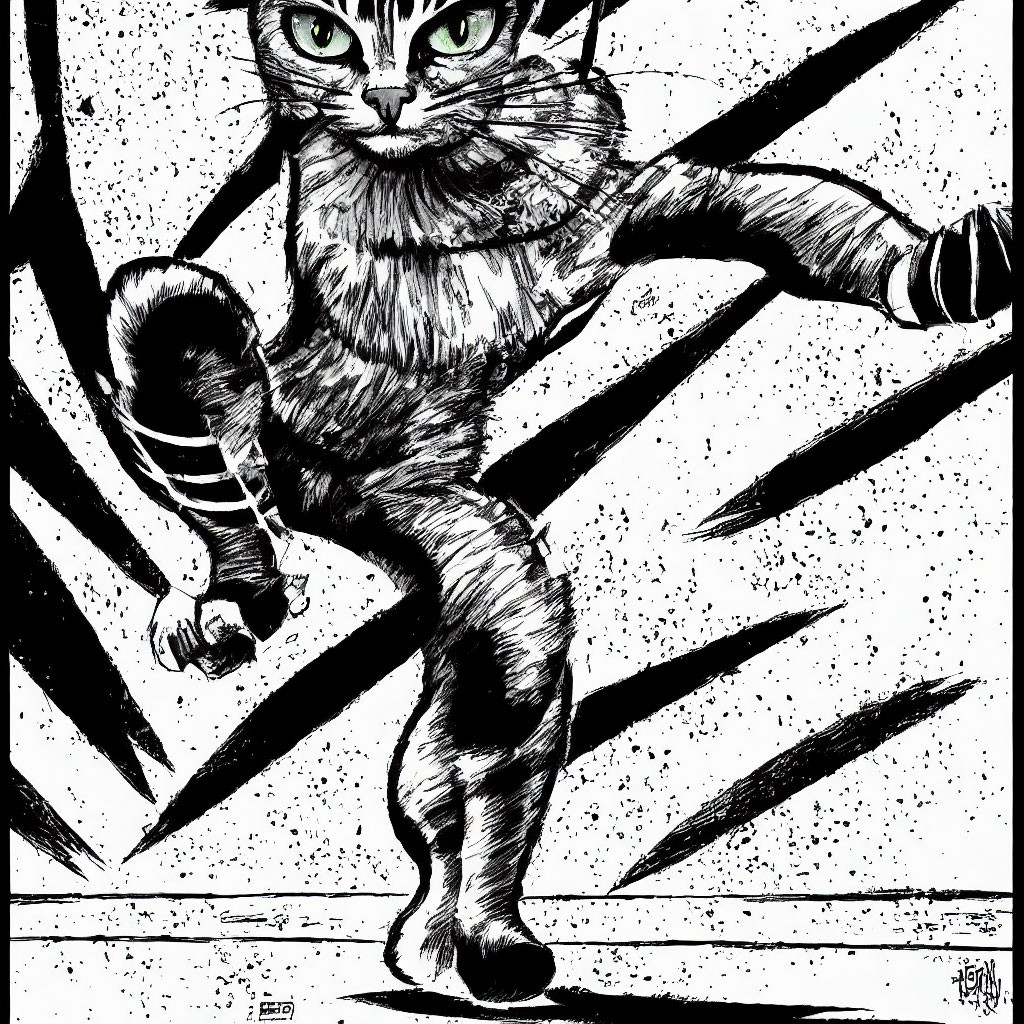 Monochrome illustration of a striped cat in motion
