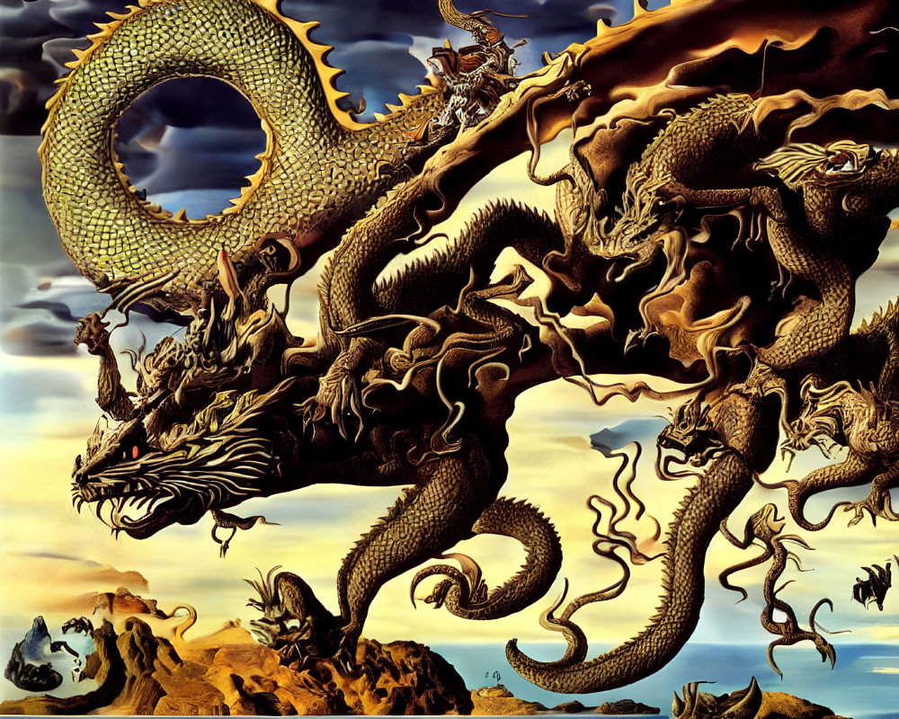 Golden multi-headed dragon in dramatic landscape with rocks and sunset sky