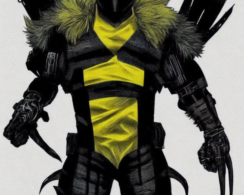 Character in Black and Yellow Suit with Fur Accents and Clawed Gloves