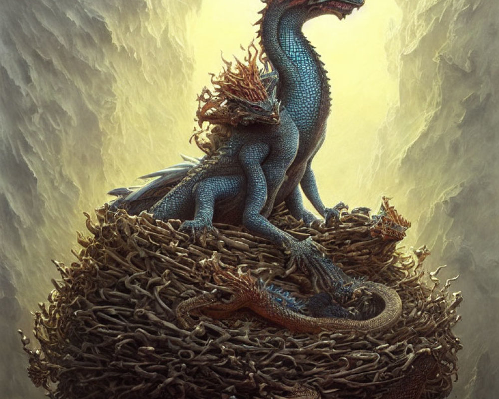 Blue dragon perched on nest with cliffs as backdrop