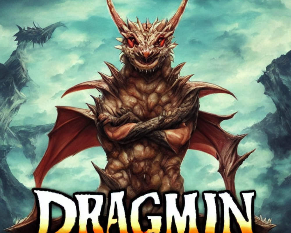 Illustration of red dragon with horns and wings against cloudy sky, featuring "DRAGMIN" text