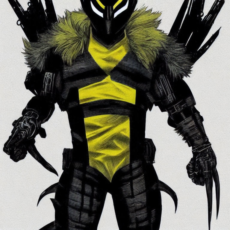 Character in Black and Yellow Suit with Fur Accents and Clawed Gloves