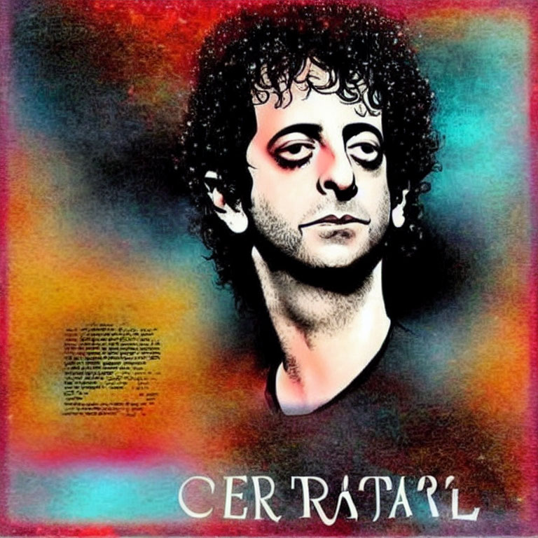 Vibrant portrait of curly-haired man with "CER RATALL" text on colorful background
