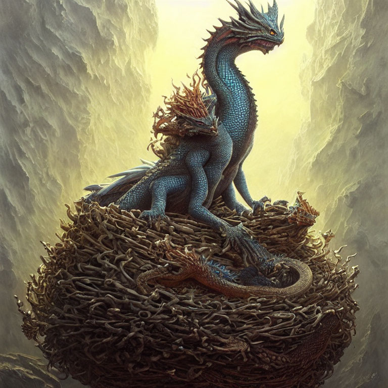 Blue dragon perched on nest with cliffs as backdrop