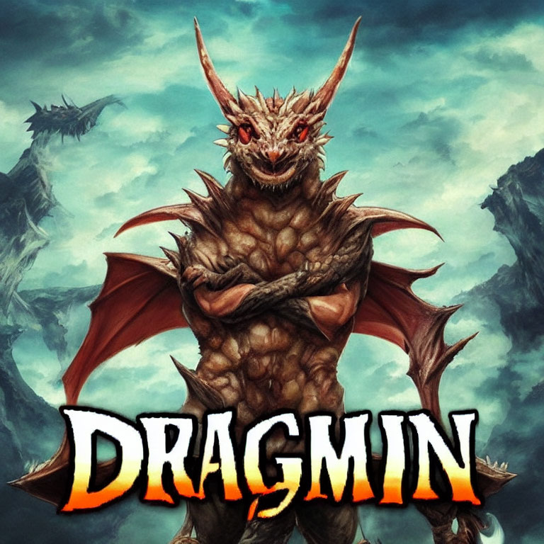 Illustration of red dragon with horns and wings against cloudy sky, featuring "DRAGMIN" text