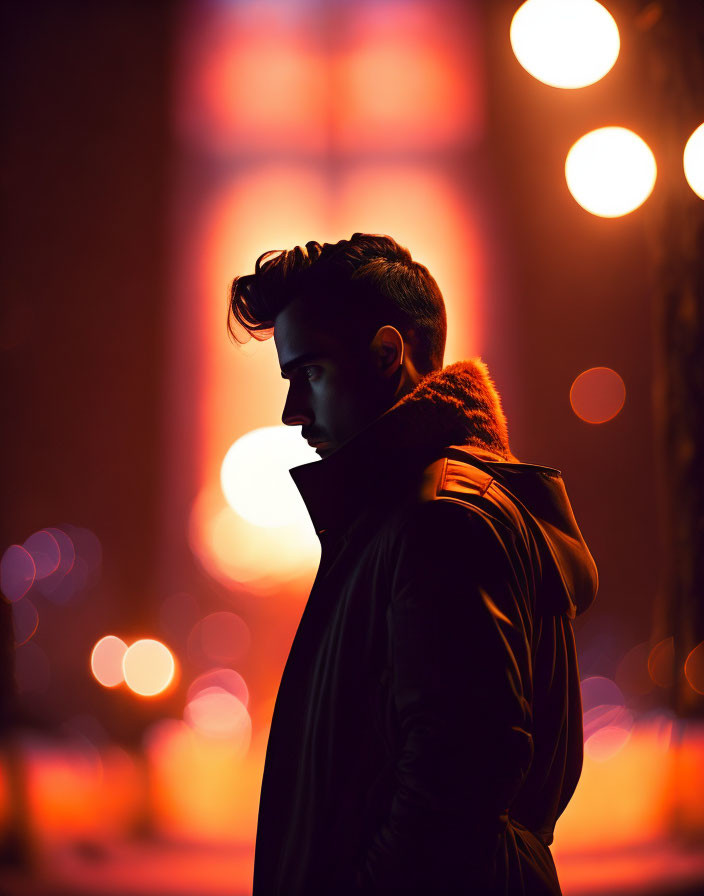 Stylish man silhouette in fur collar jacket against city lights bokeh.