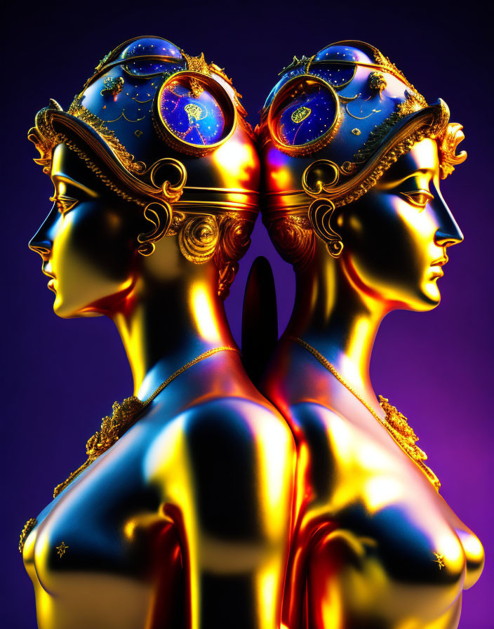 Metallic female figures with ornate headdresses on purple and yellow gradient background