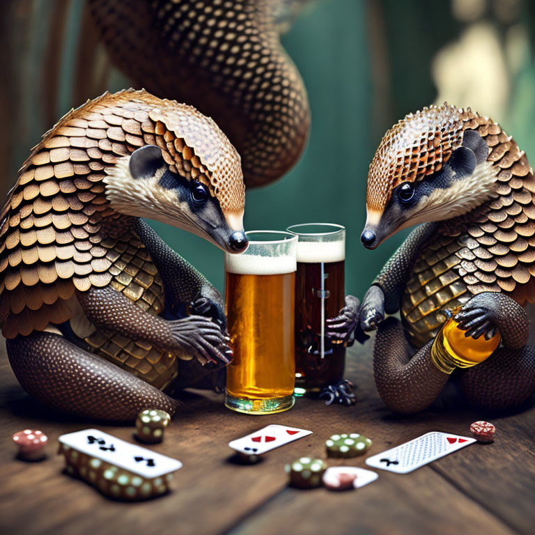 Anthropomorphic armadillos playing card and dice game with beer and honey jar