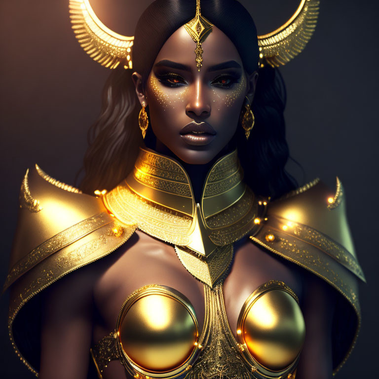 Digital Artwork: Woman in Golden Ornate Armor and Headdress on Dark Background
