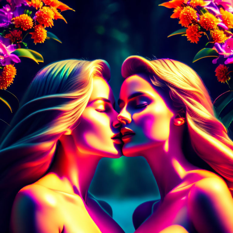 Vibrant neon artwork of two women about to kiss amidst stylized features and flowers