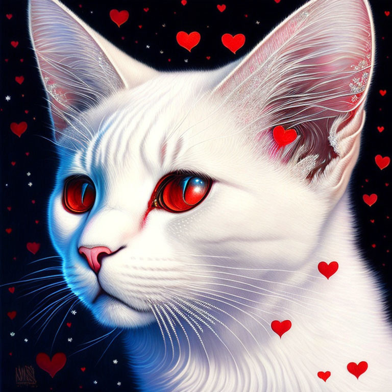 White Cat with Red Eyes Surrounded by Hearts on Starry Night Background