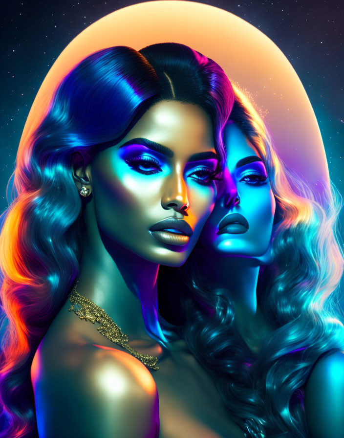 Two women with neon makeup and wavy hair in cosmic setting with moon.
