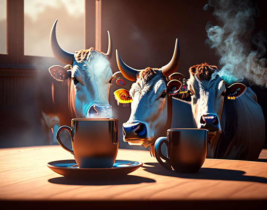 Anthropomorphic bulls with piercings enjoying coffee in warmly lit room