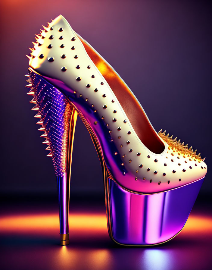 Spiked and studded high-heeled shoe on purple and orange gradient background