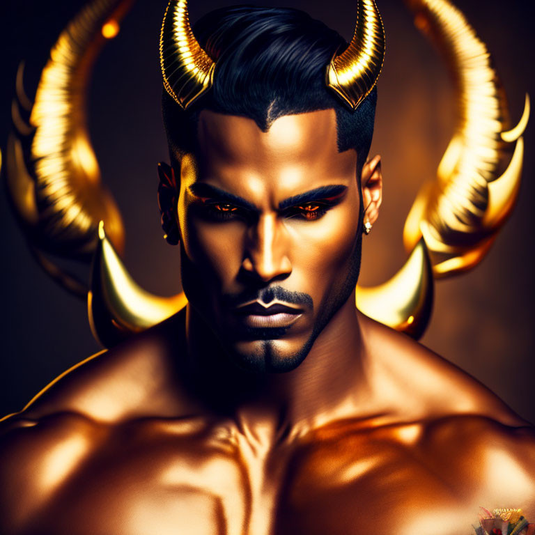 Digital art portrait featuring man with golden horns, intense gaze, glowing eyes, and muscular physique.