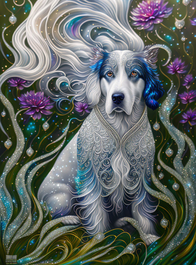 Stylized dog artwork with swirling patterns and vibrant flowers on starry background