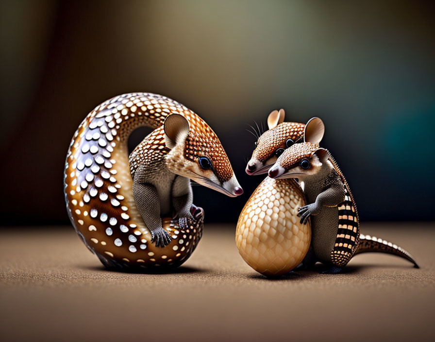 Highly detailed armadillo figurines with intricate patterns and textures