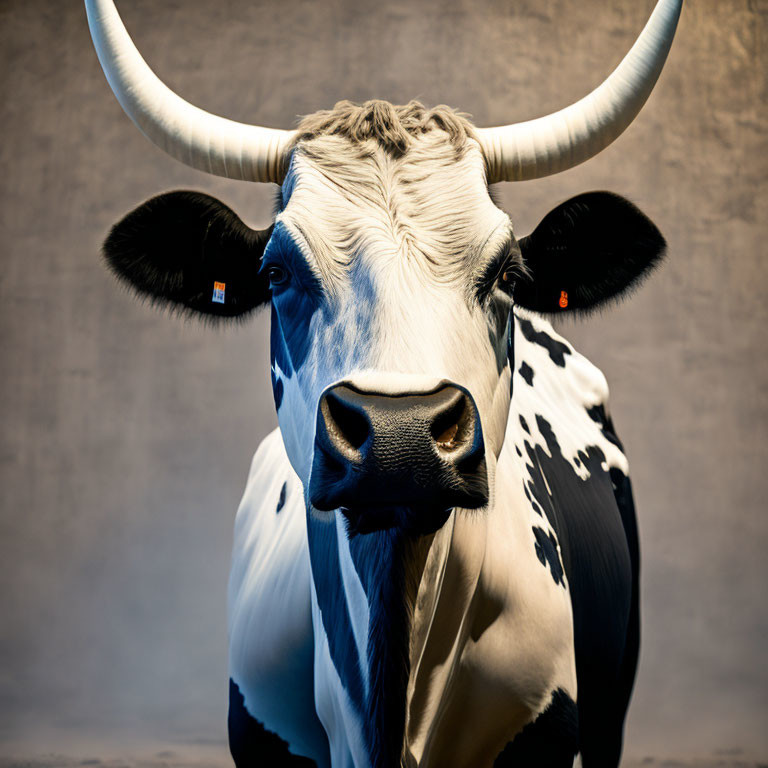 Black and White Cow with Large Curved Horns on Gray Background