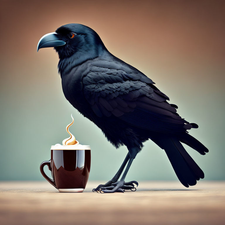 Raven beside steaming coffee mug on sepia backdrop