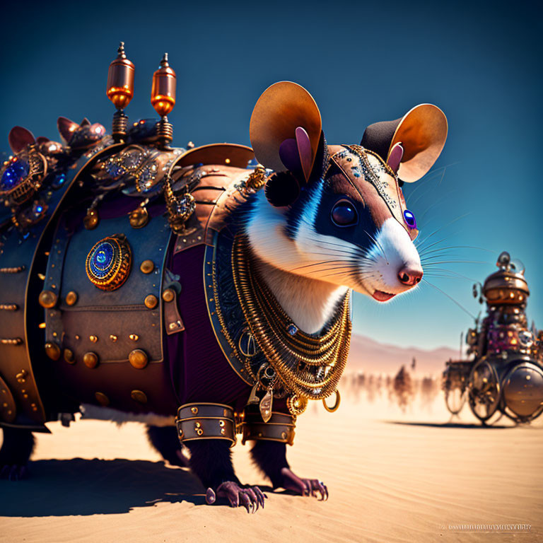 Steampunk-themed digital artwork of mechanical mouse in desert landscape