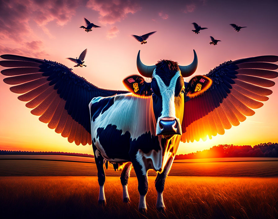 Cow with Bird Wings in Sunset Sky with Flying Birds