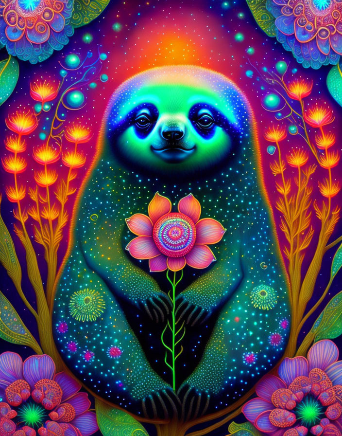 Colorful Psychedelic Sloth Illustration with Flower and Starry Background