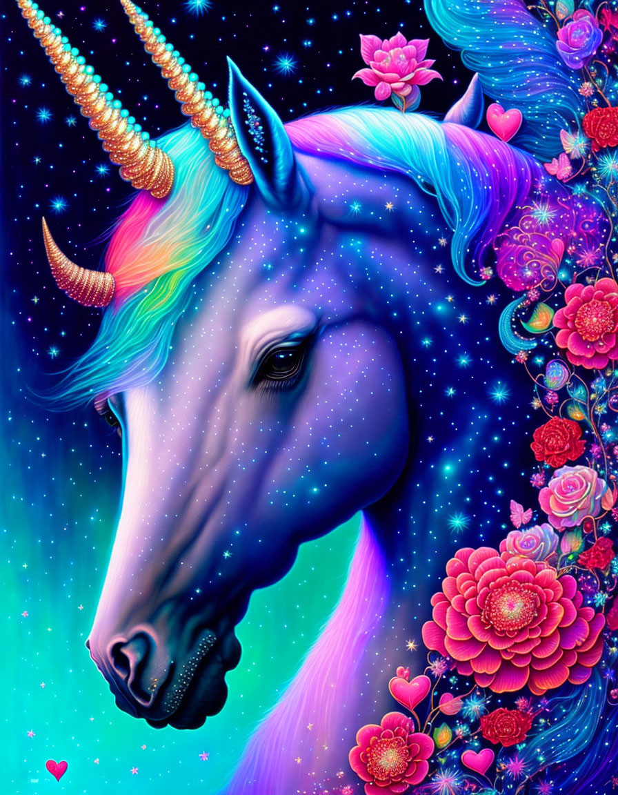 Colorful digital artwork: Unicorn with rainbow mane and golden horn in neon flower garden under starry sky