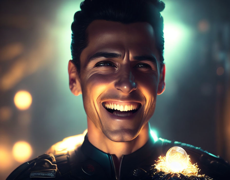 Smiling man in black jacket with glowing orbs under warm bokeh lights
