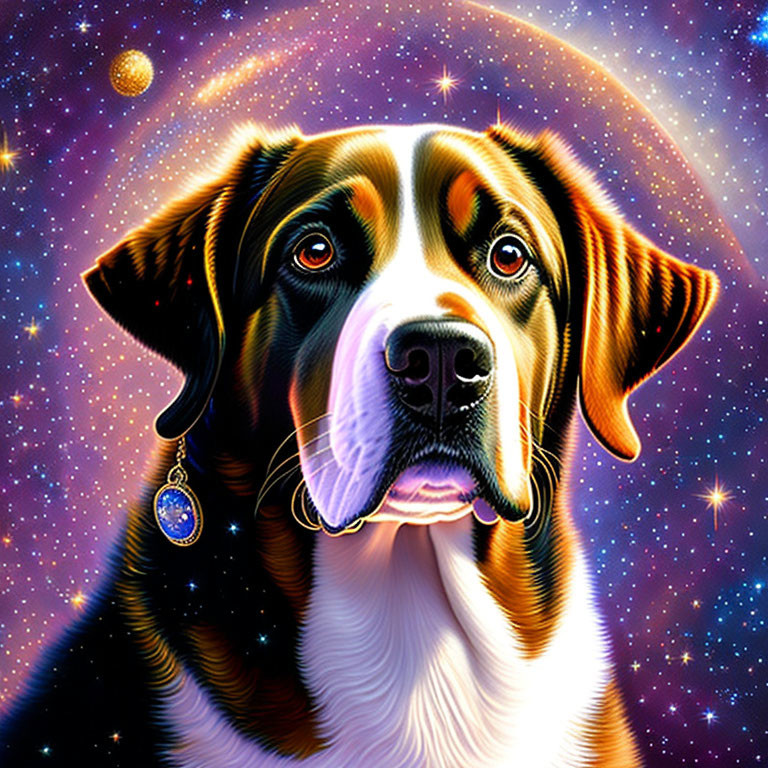 Colorful surreal dog art with cosmic background.