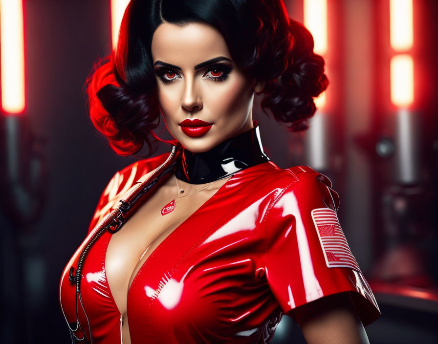 Stylish woman in red latex outfit with dark hair and red lipstick