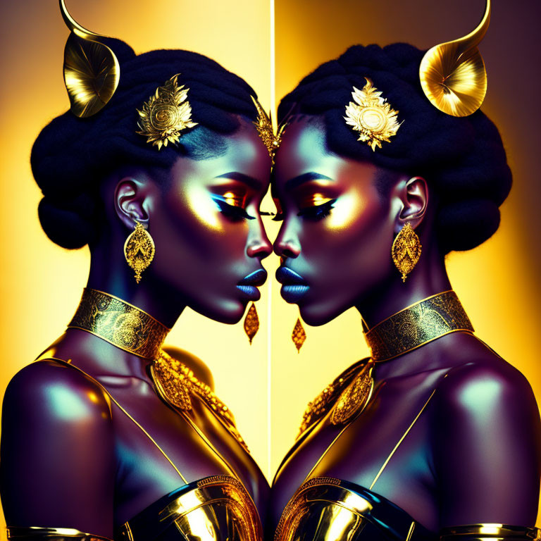 Symmetrical image of two women with golden accessories and dark skin