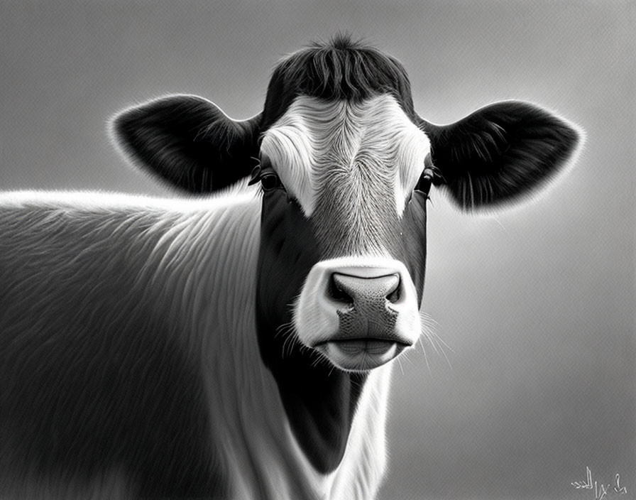 Monochrome digital cow illustration with detailed fur texture and soft shading